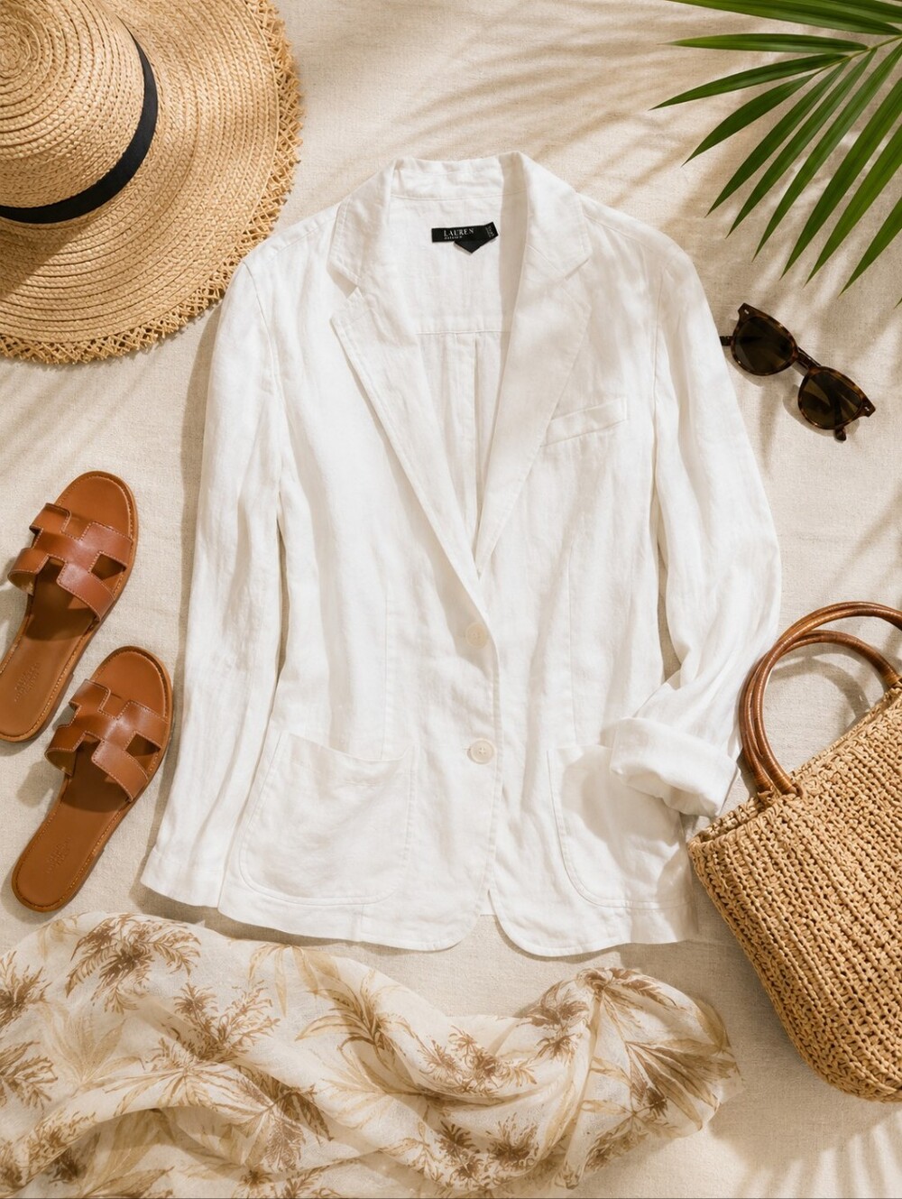 Lauren Ralph Lauren White Linen L Sleeve 2 Button Blazer. Ladies 16W
